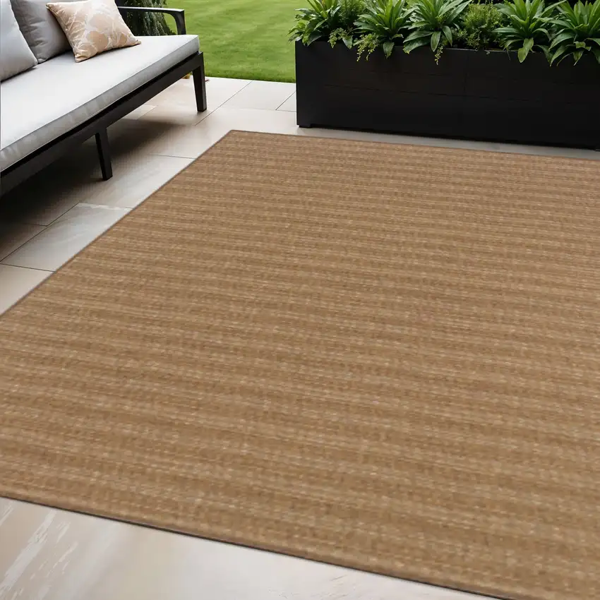 Tan Striped Stain Resistant Indoor Outdoor Area Rug Photo 1