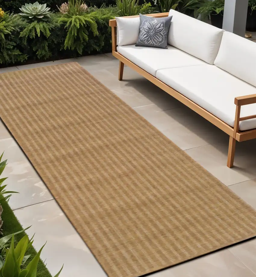 Tan Striped Stain Resistant Indoor Outdoor Area Rug Photo 1