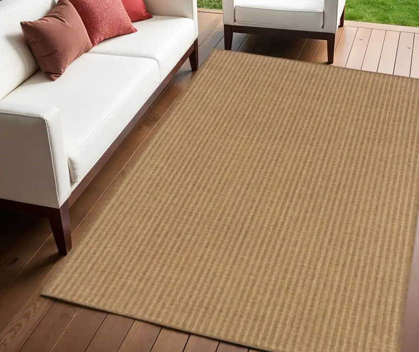 Tan Striped Stain Resistant Indoor Outdoor Area Rug Photo 1