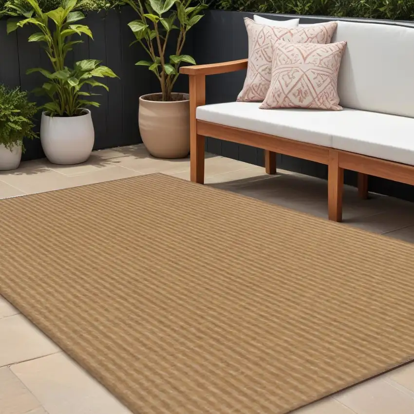 Tan Striped Stain Resistant Indoor Outdoor Area Rug Photo 1
