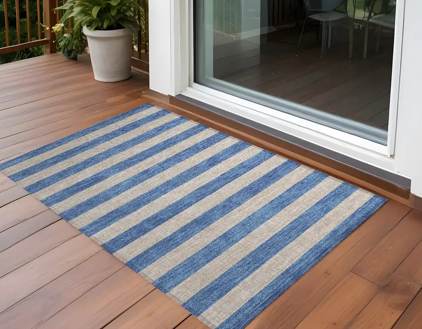 Tan Striped Washable Non Skid Indoor Outdoor Area Rug Photo 1