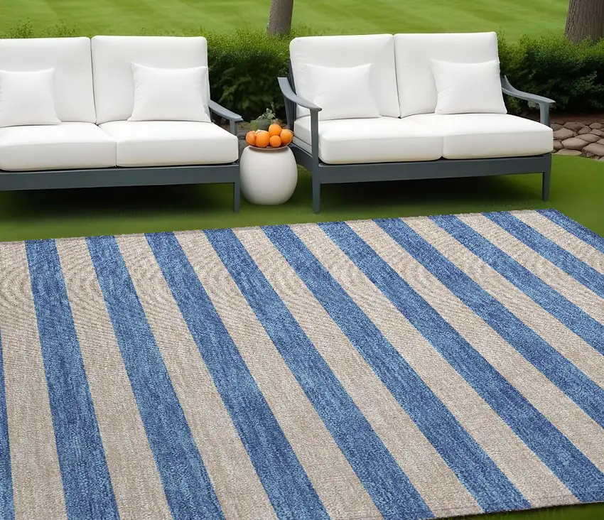 Tan Striped Washable Non Skid Indoor Outdoor Area Rug Photo 1