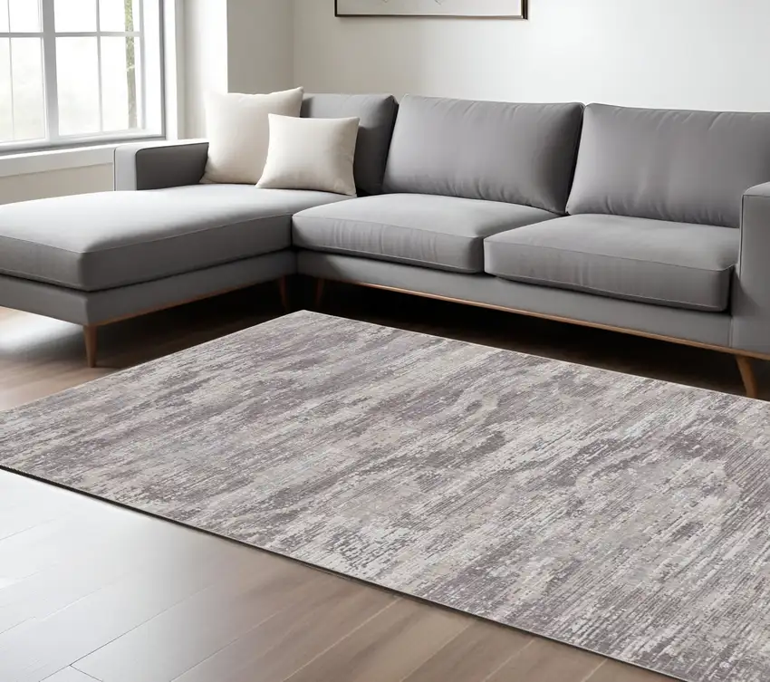 Tan and Gray Abstract Power Loom Distressed Area Rug Photo 1