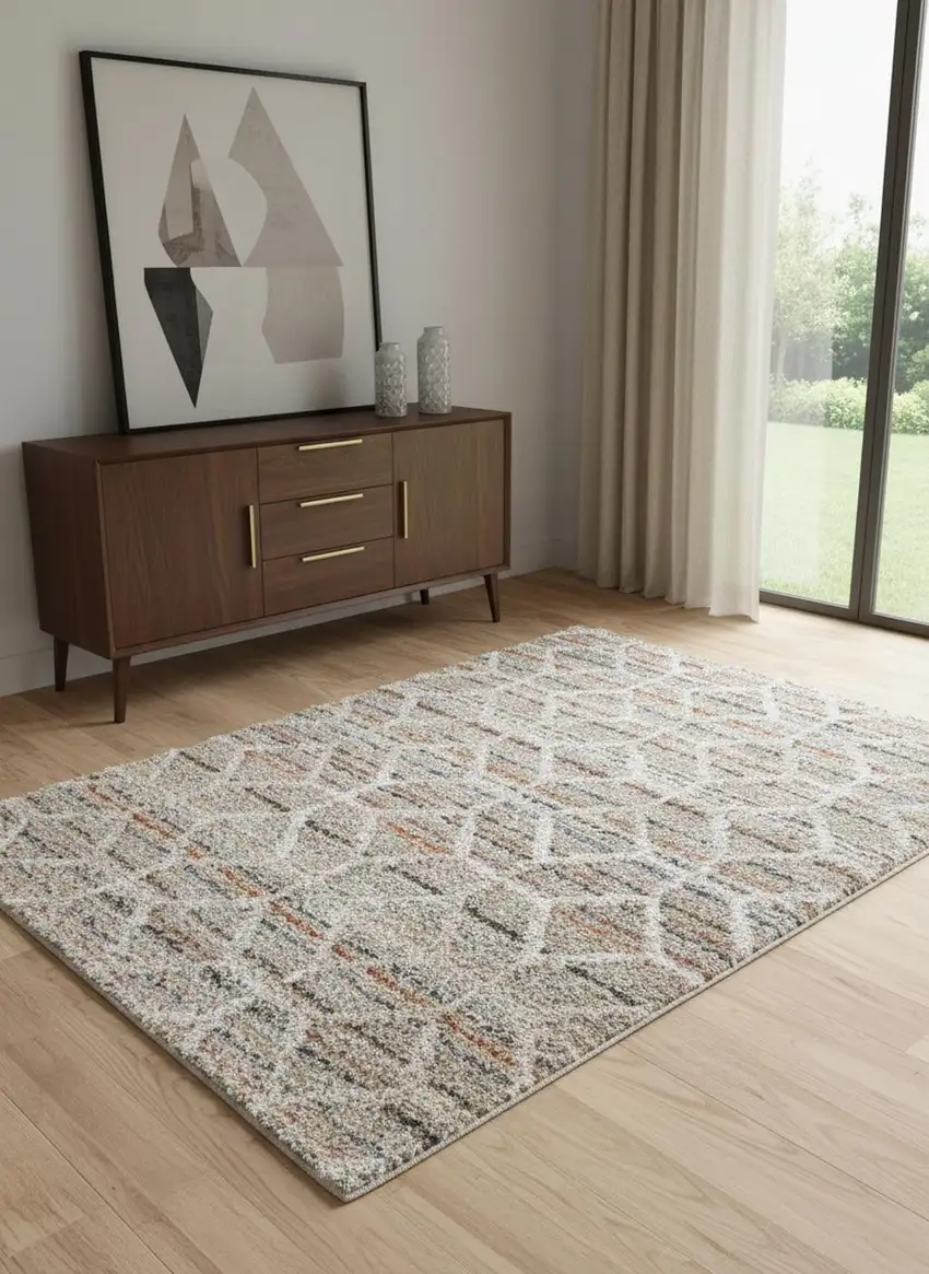 Tan Taupe And Ivory Geometric Power Loom Stain Resistant Area Rug Photo 1