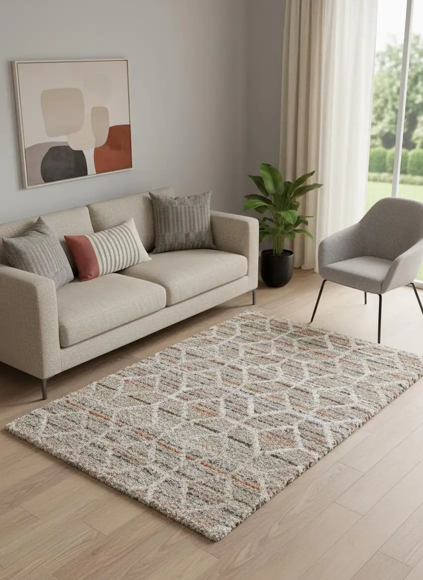 Tan Taupe And Ivory Geometric Power Loom Stain Resistant Area Rug Photo 1