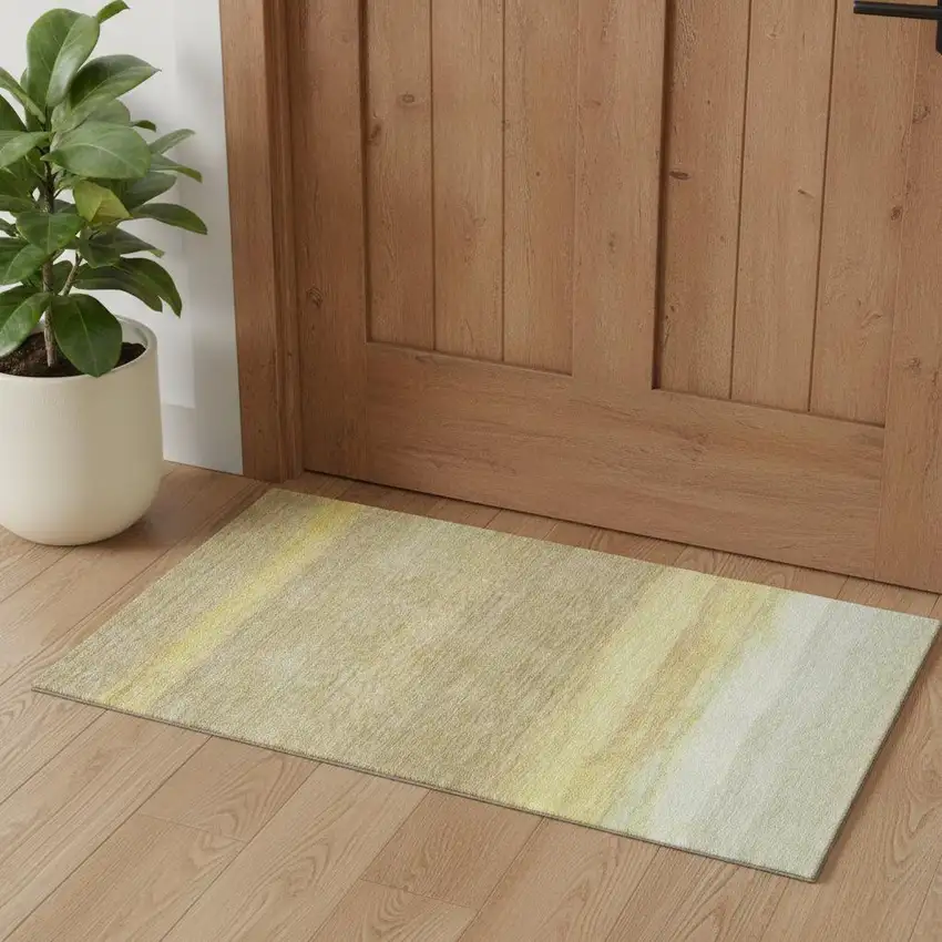 Tan Yellow And Beige Striped Washable Area Rug With UV Protection Photo 1