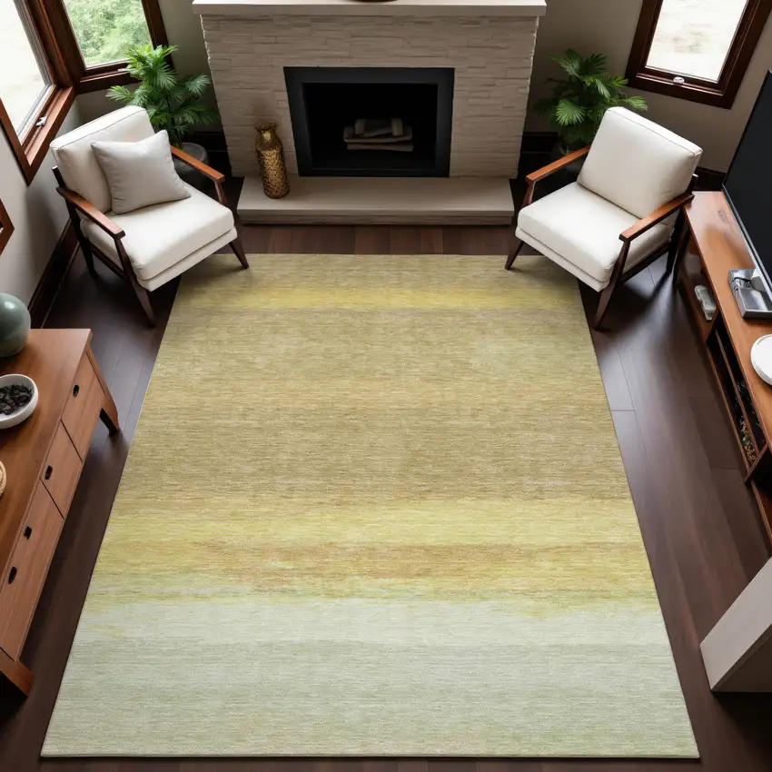 Tan Yellow And Beige Striped Washable Area Rug With UV Protection Photo 2