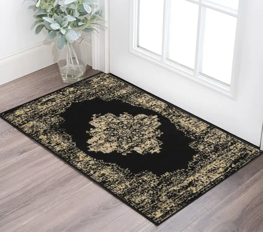 Tan and Black Medallion Distressed Non Skid Area Rug Photo 1