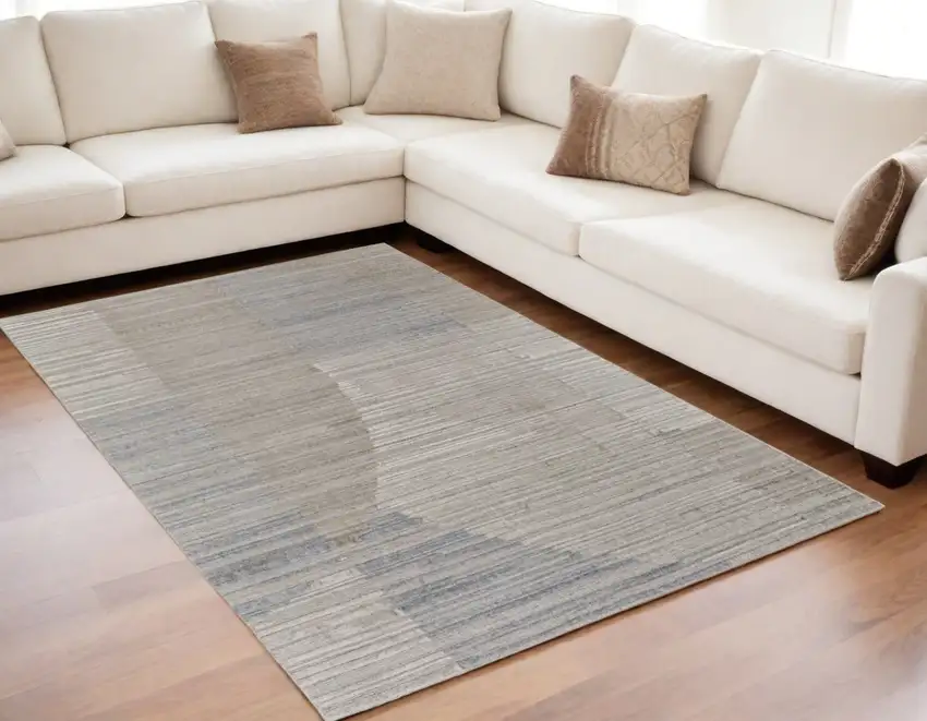 Tan and Blue Abstract Hand Woven Worn Faded Area Rug Photo 1