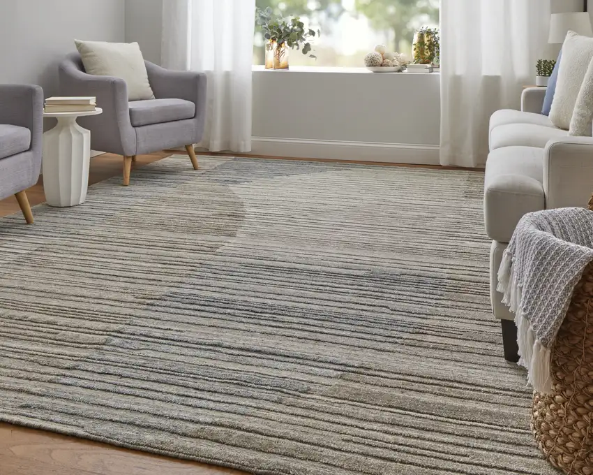 Tan and Blue Abstract Hand Woven Worn Faded Area Rug Photo 8