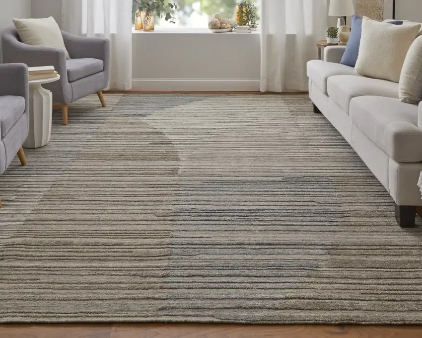 Tan and Blue Abstract Hand Woven Worn Faded Area Rug Photo 5
