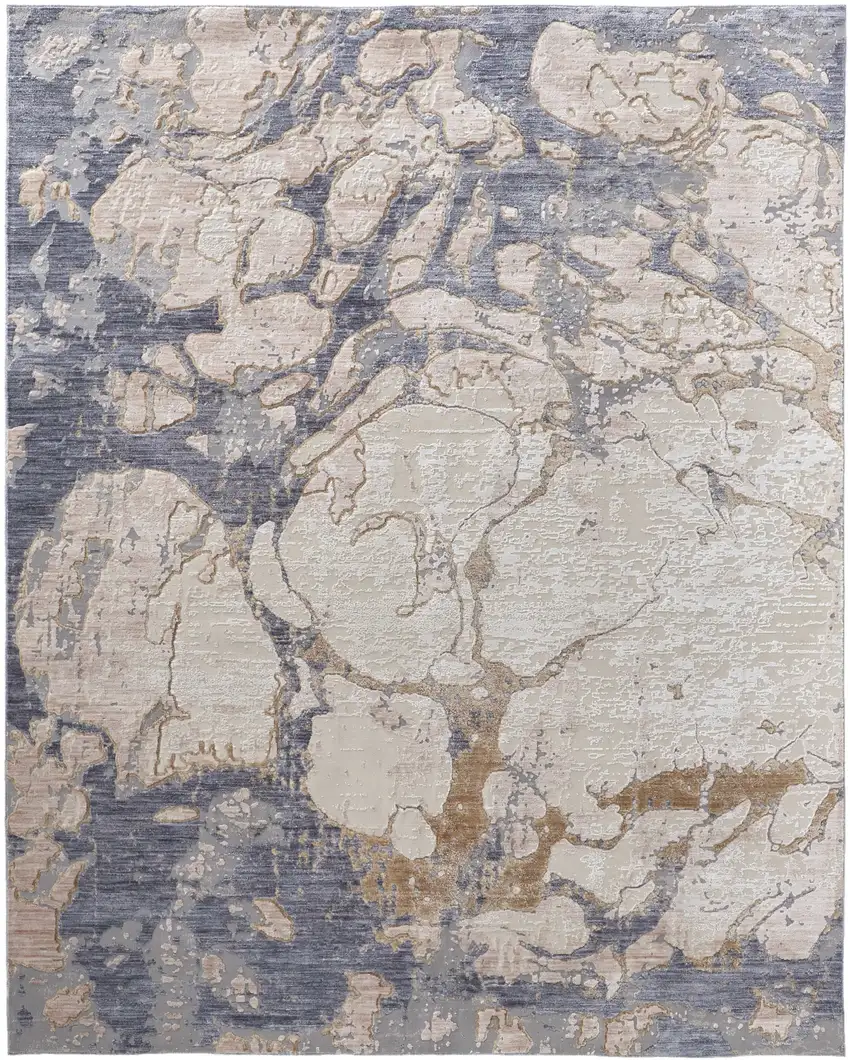 Tan and Blue Abstract Power Loom Worn Faded Area Rug Photo 2