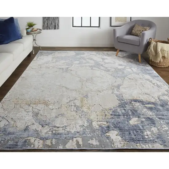 Tan Blue And Beige Abstract Distressed Area Rug Photo 9