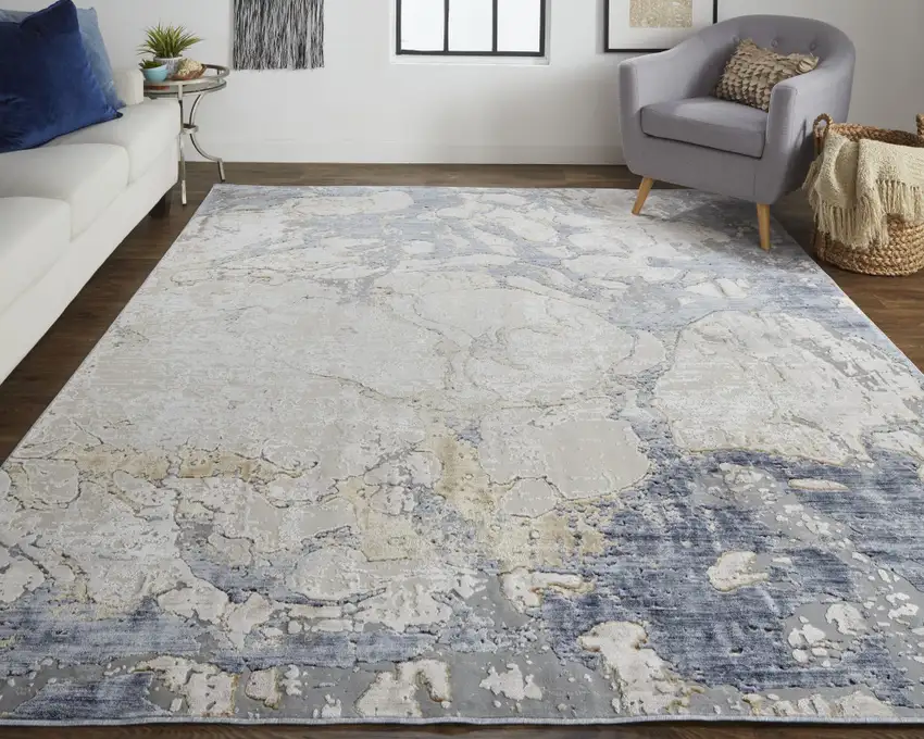 Tan Blue And Beige Abstract Distressed Area Rug Photo 9