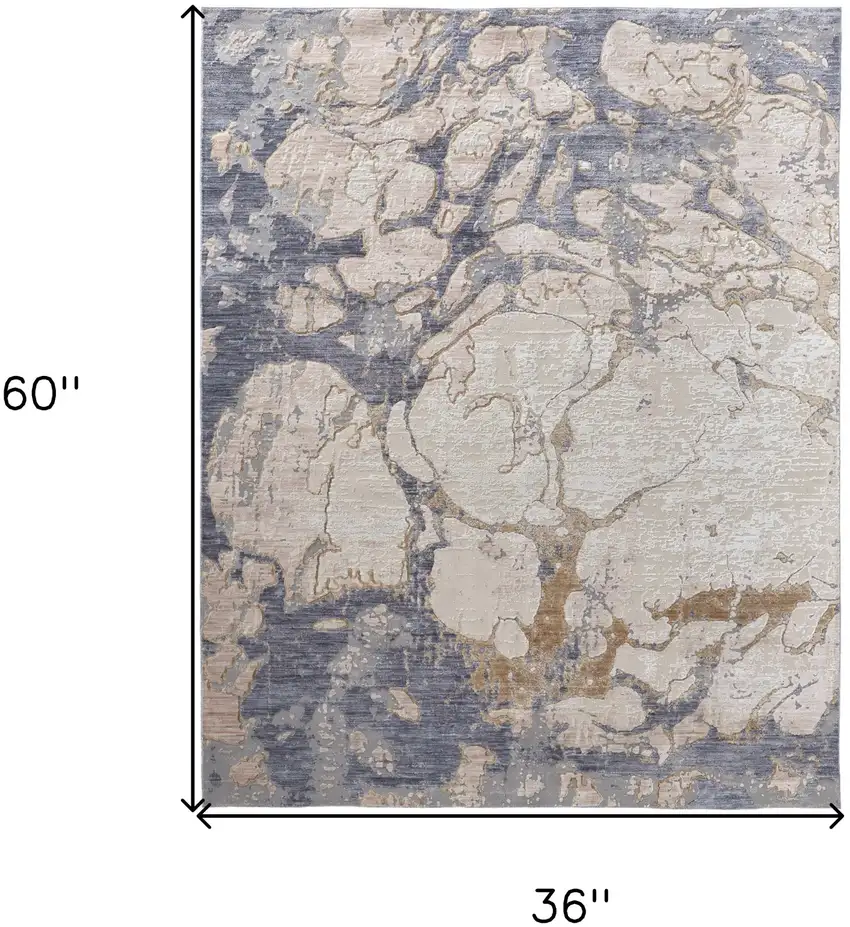 Tan and Blue Abstract Power Loom Worn Faded Area Rug Photo 3