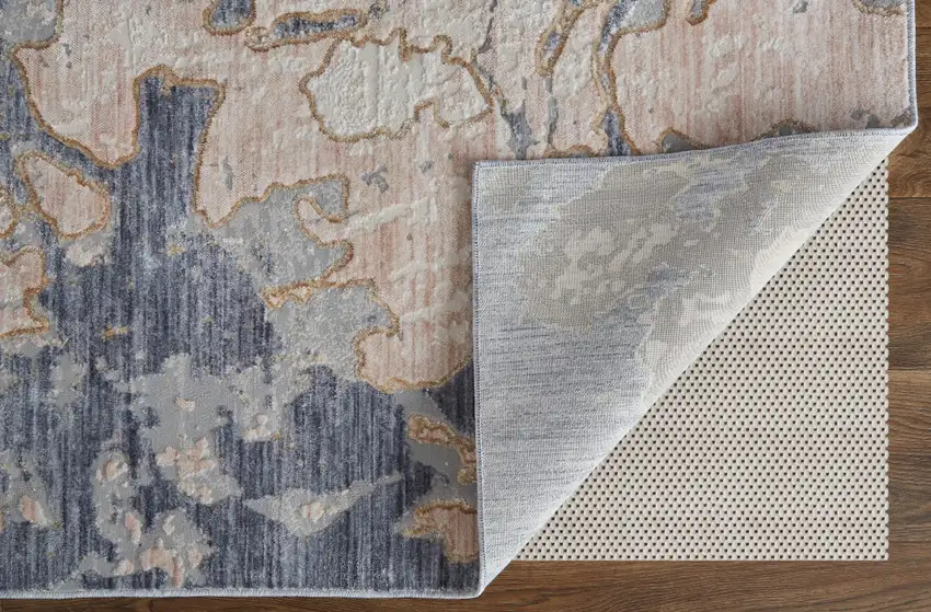 Tan and Blue Abstract Power Loom Worn Faded Area Rug Photo 6