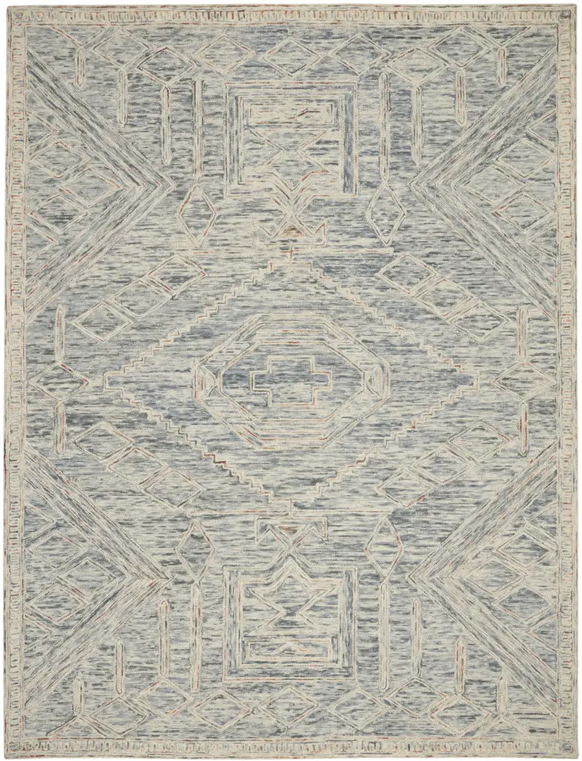 Tan and Blue Wool Geometric Area Rug Photo 1
