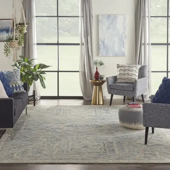 Tan and Blue Wool Geometric Area Rug Photo 4