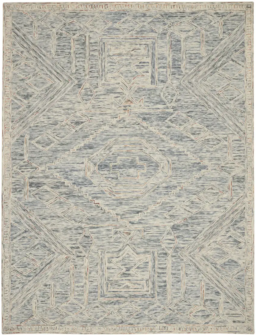 Tan and Blue Wool Geometric Area Rug Photo 2