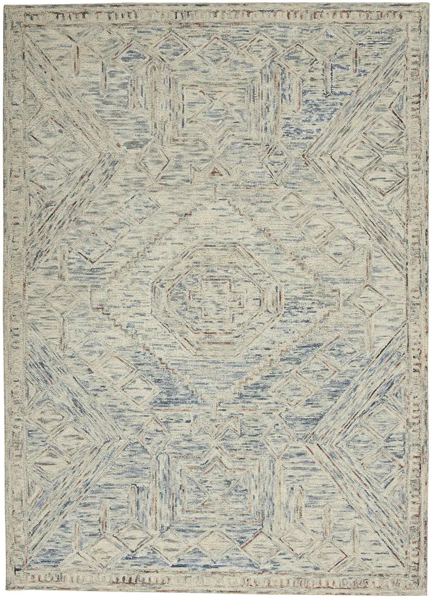Tan and Blue Wool Geometric Area Rug Photo 1
