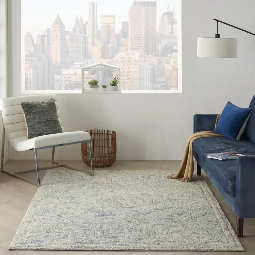 Tan and Blue Wool Geometric Area Rug Photo 3