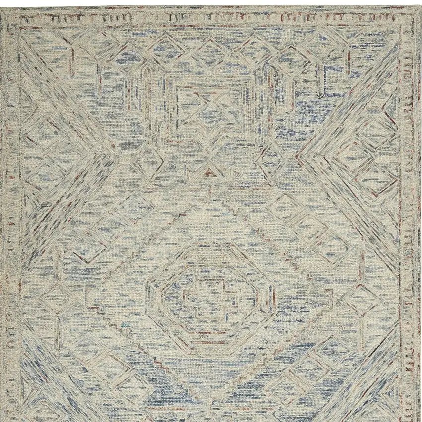 Tan and Blue Wool Geometric Area Rug Photo 9