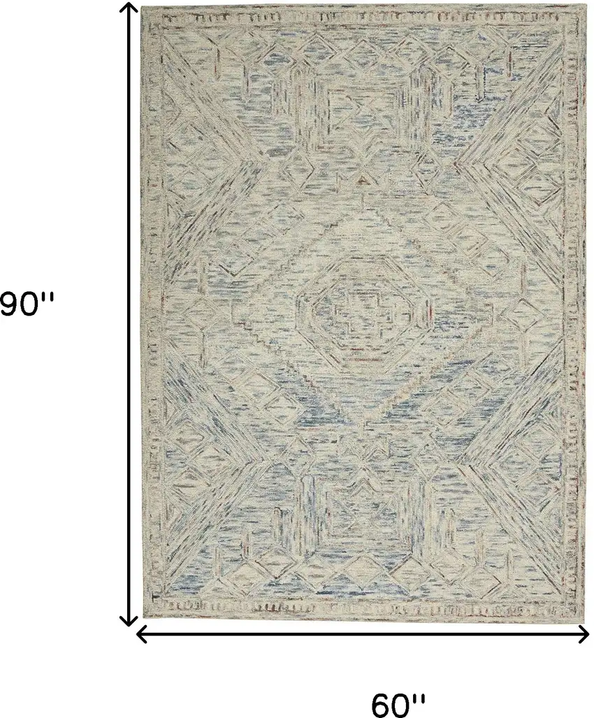 Tan and Blue Wool Geometric Area Rug Photo 3