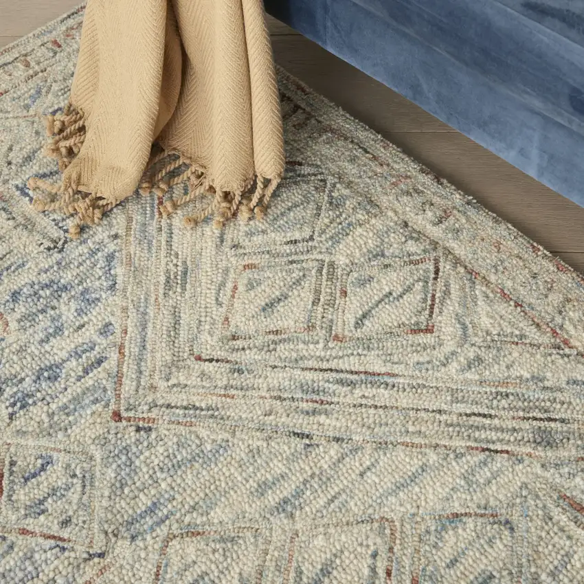 Tan and Blue Wool Geometric Area Rug Photo 4