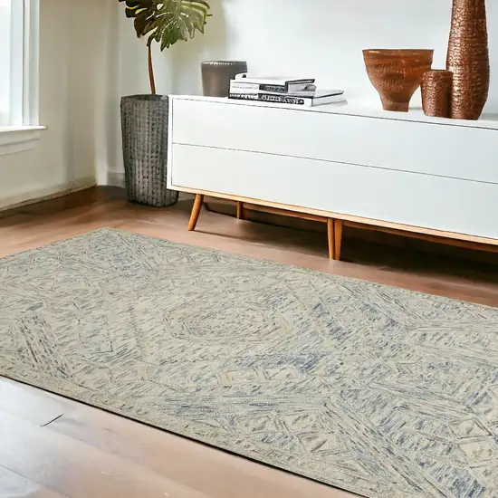 Tan and Blue Wool Geometric Area Rug Photo 1