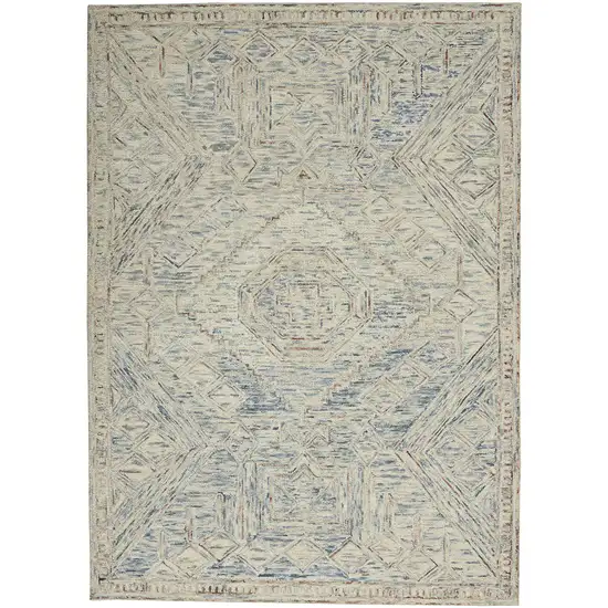Tan and Blue Wool Geometric Area Rug Photo 1