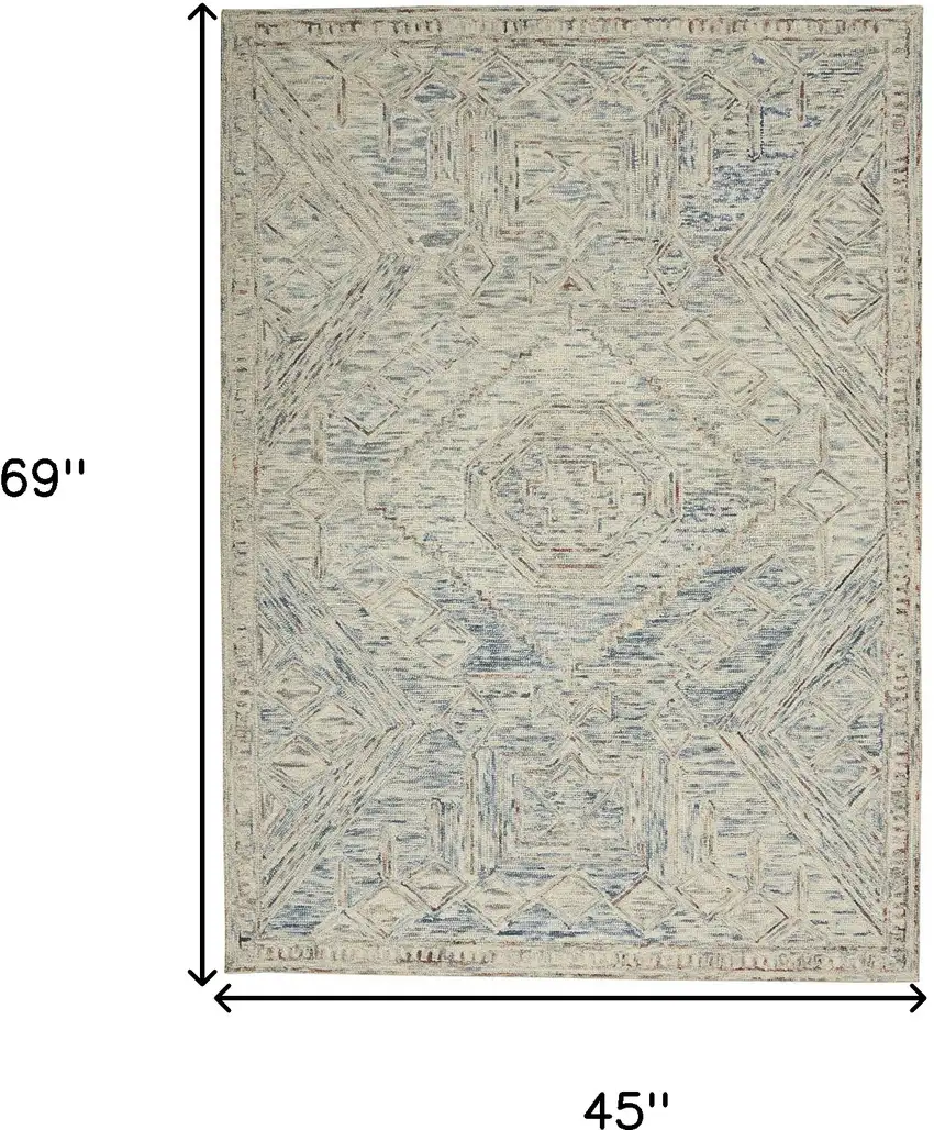 Tan and Blue Wool Geometric Area Rug Photo 3