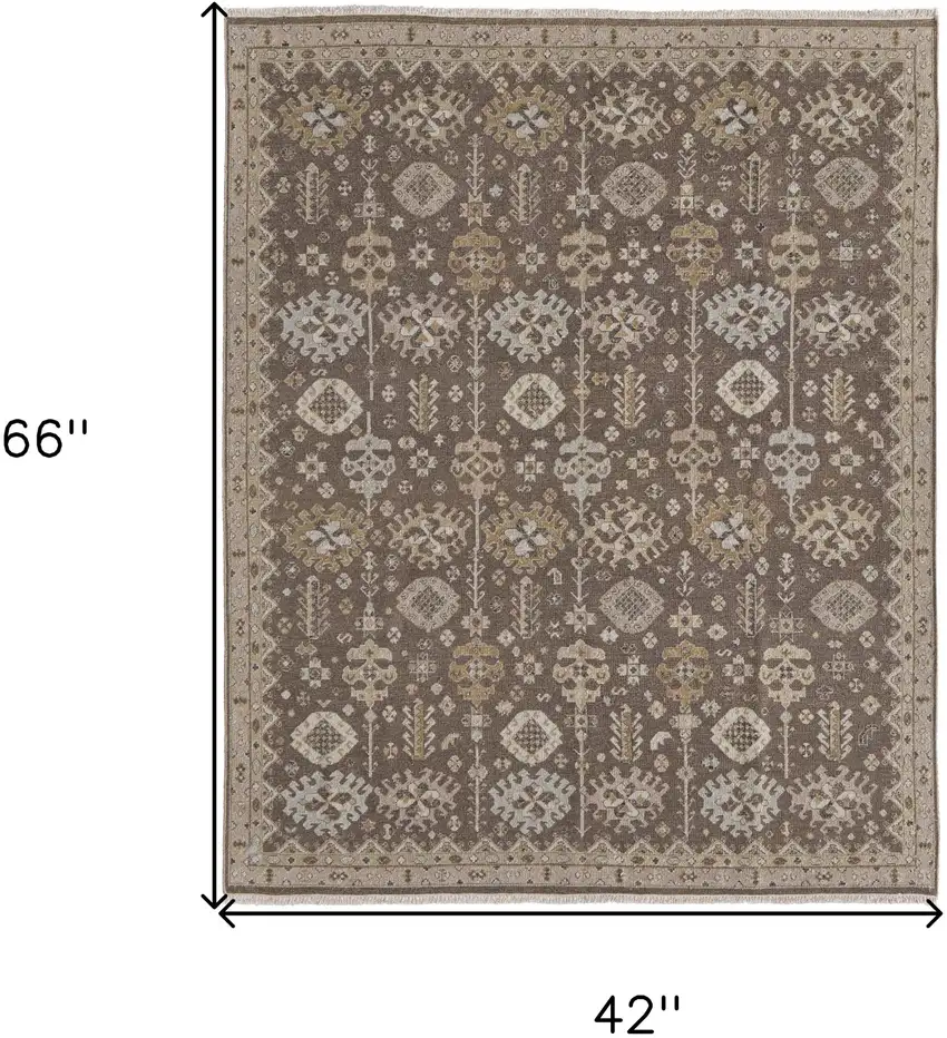 Tan and Brown Wool Oriental Hand Knotted Area Rug With Fringe Photo 3
