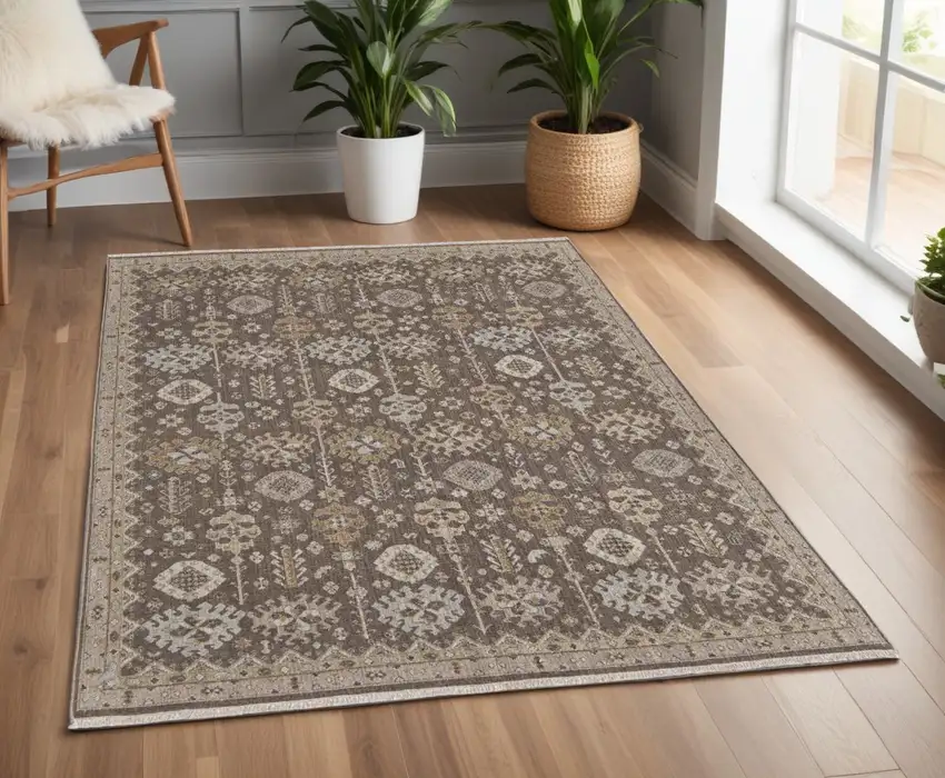 Tan and Brown Wool Oriental Hand Knotted Area Rug With Fringe Photo 1