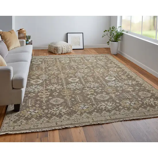Tan and Brown Wool Oriental Hand Knotted Area Rug With Fringe Photo 9