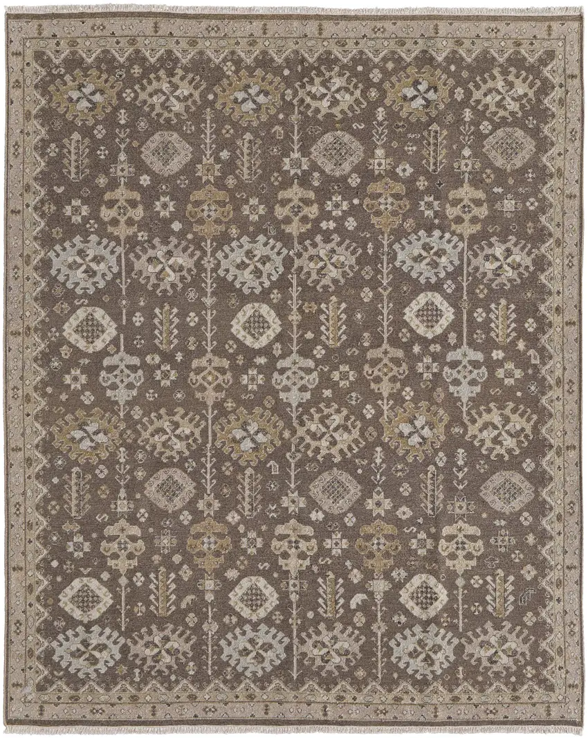 Tan and Brown Wool Oriental Hand Knotted Area Rug With Fringe Photo 2