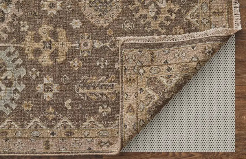 Tan and Brown Wool Oriental Hand Knotted Area Rug With Fringe Photo 6
