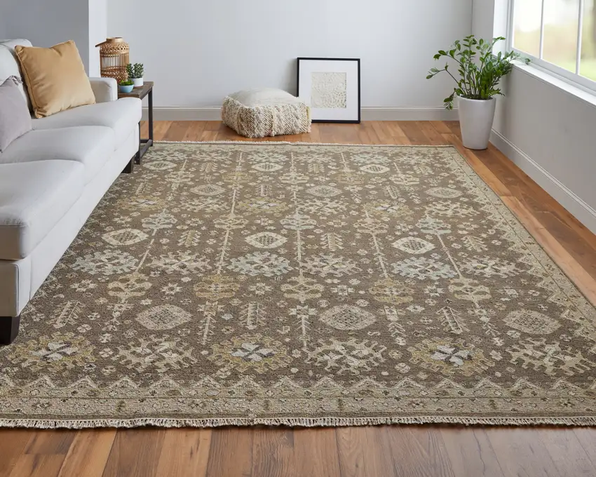 Tan and Brown Wool Oriental Hand Knotted Area Rug With Fringe Photo 6