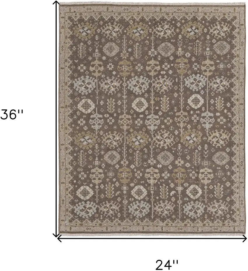 Tan and Brown Wool Oriental Hand Knotted Area Rug With Fringe Photo 3