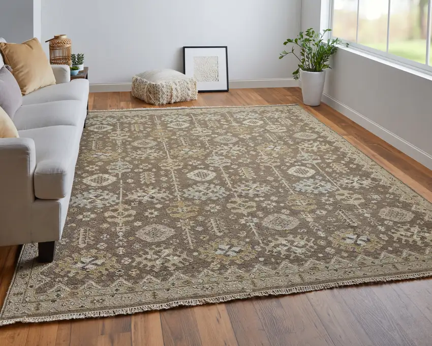 Tan and Brown Wool Oriental Hand Knotted Area Rug With Fringe Photo 5