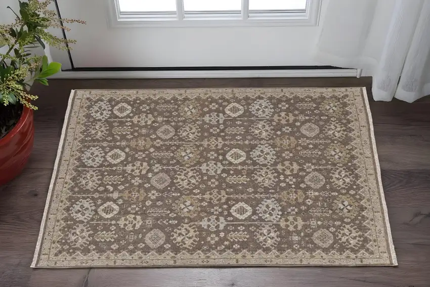Tan and Brown Wool Oriental Hand Knotted Area Rug With Fringe Photo 1
