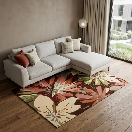 Tan and Dark Brown Botanical Leaves Hand Carved Handmade Area Rug Photo 1