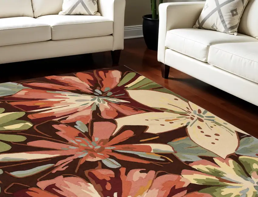 Tan and Dark Brown Botanical Leaves Hand Carved Handmade Area Rug Photo 1