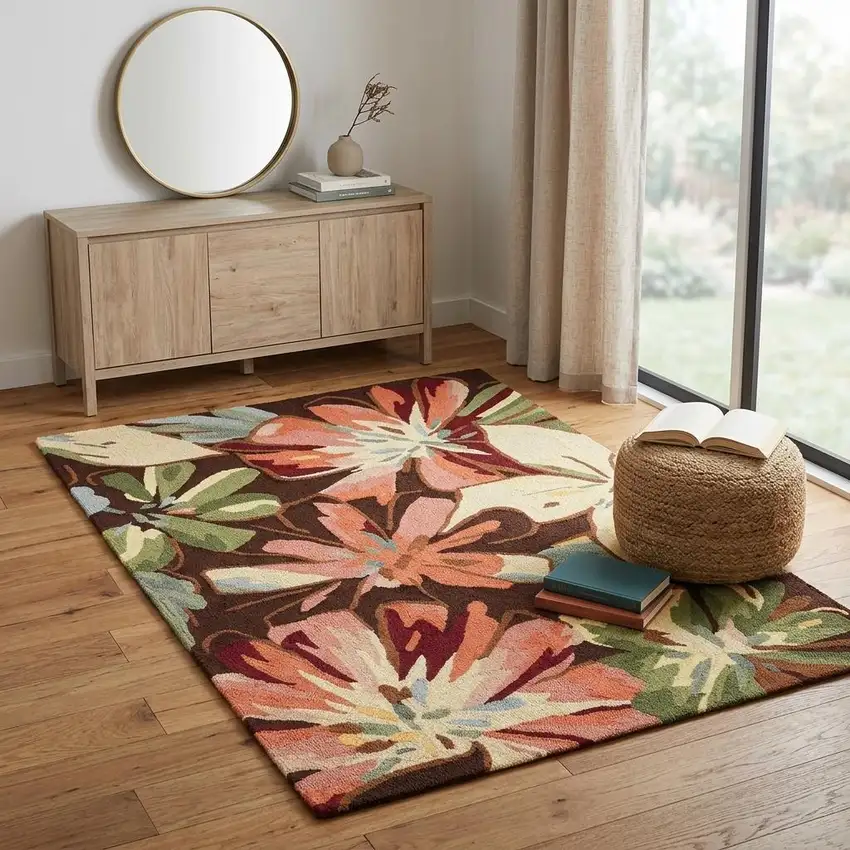 Tan and Dark Brown Floral Hand Carved Handmade Area Rug Photo 1