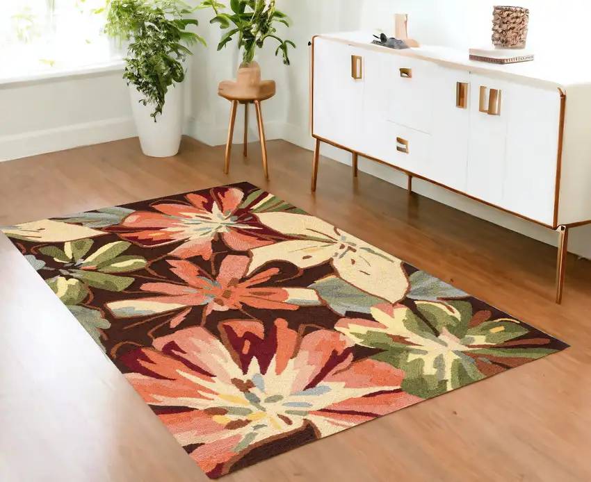 Tan and Dark Brown Floral Hand Carved Handmade Area Rug Photo 1