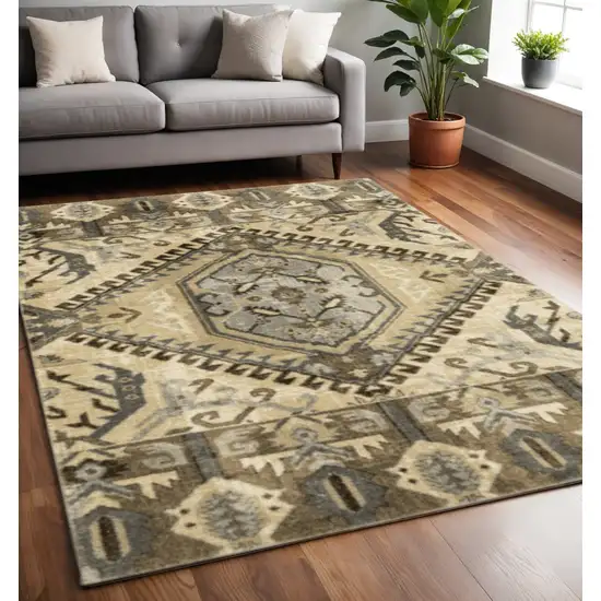 Tan And Gold Medallion Distressed Area Rug Photo 1