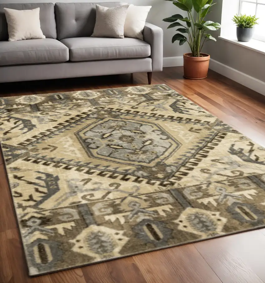 Tan And Gold Medallion Distressed Area Rug Photo 1