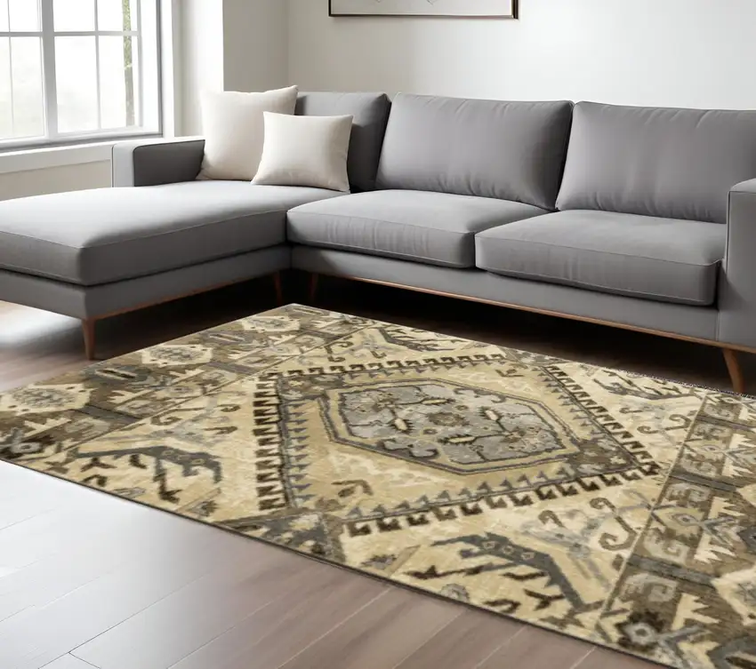 Tan And Gold Medallion Area Rug Photo 1