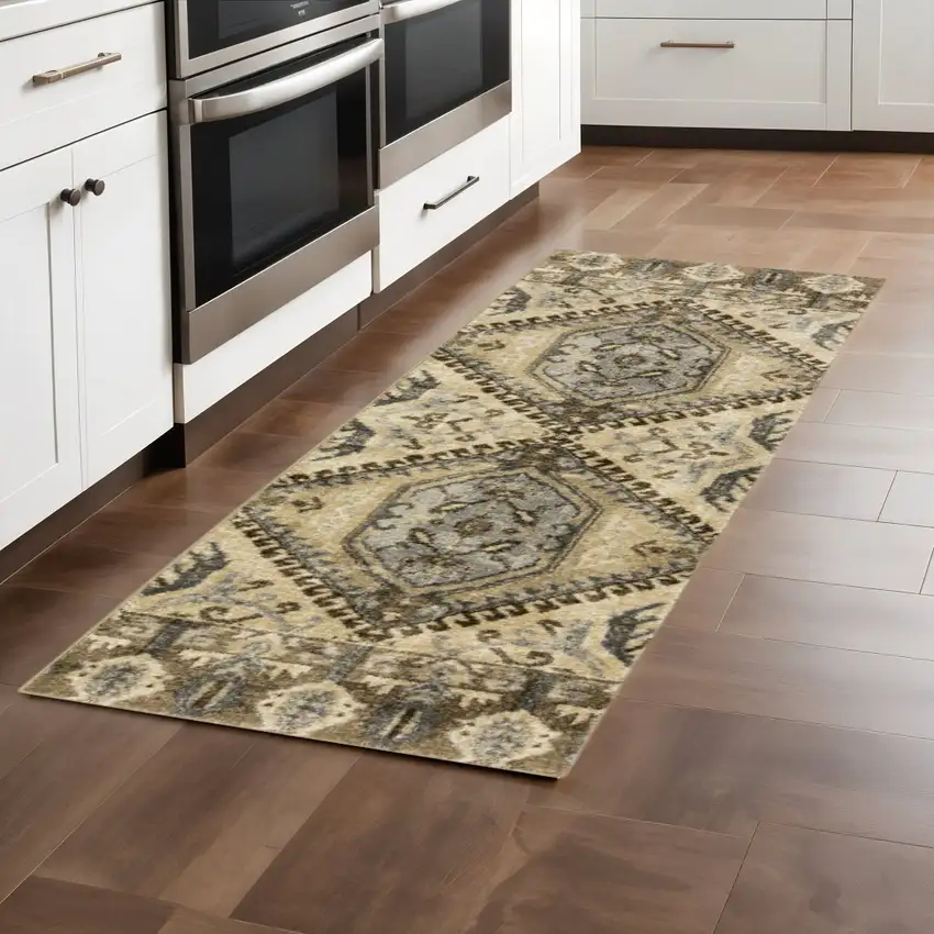 2' X 8' Tan And Gold Central Medallion Indoor Runner Rug Photo 2