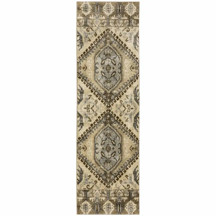Tan and Gold Central Medallion Indoor Runner Rug Photo 1