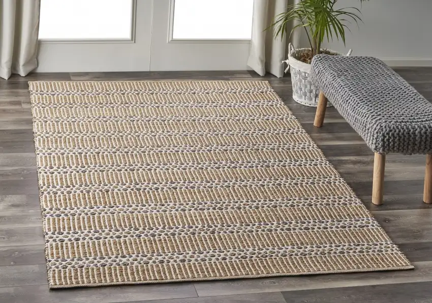 Tan and Gray Detailed Stripes Area Rug Photo 8